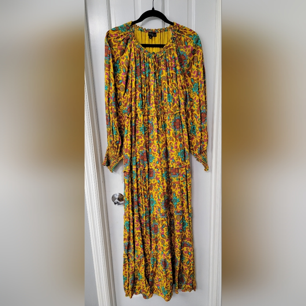 HOUSE OF HARLOW mustard yellow floral print tiered boho maxi dress